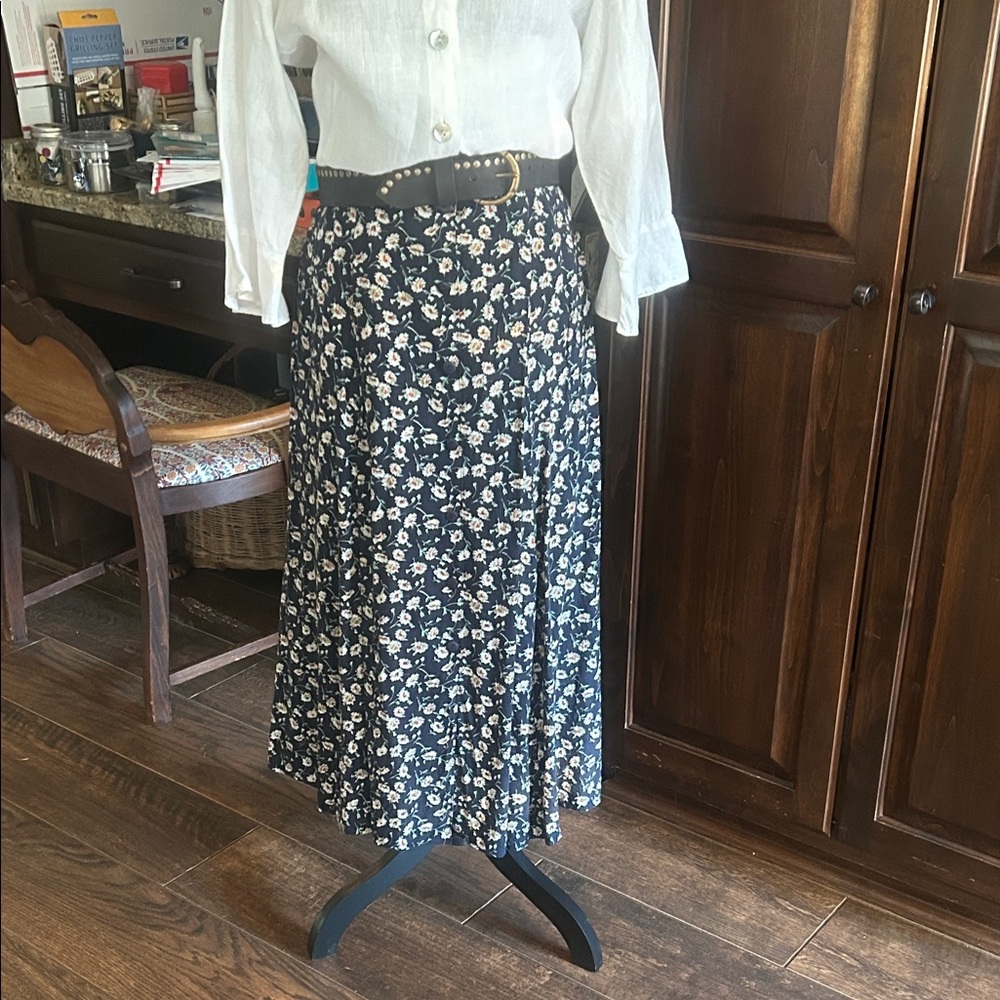 Vintage Farragut Crossing Sz L Floral Navy Button Front A-Line Skirt GVC